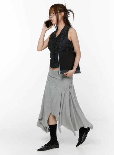 asymmetric-hem-belted-midi-skirt-cy518 / Gray