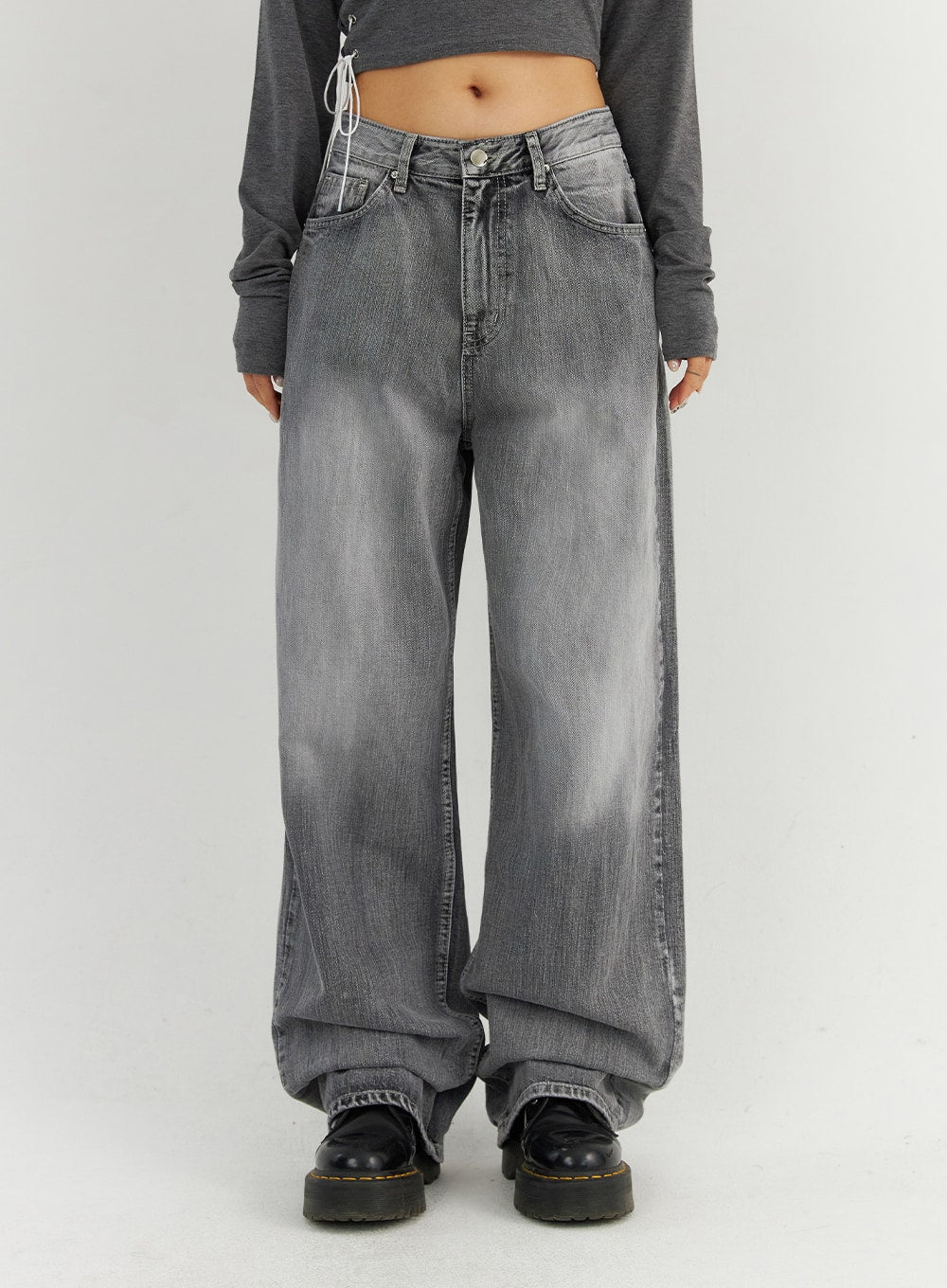 Grey Washed Wide Leg Jeans CO323 Korean Women's Fashion LEWKIN