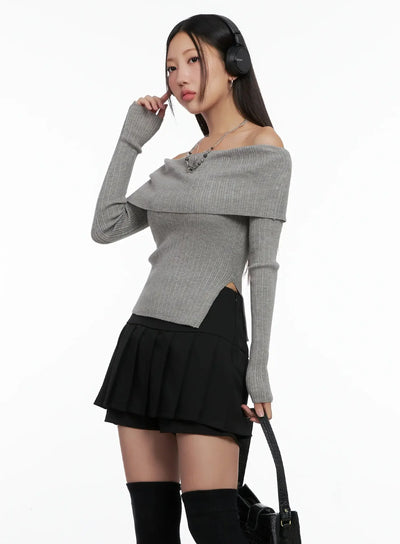 ribbed-folded-off-shoulder-top-ig527 / Gray