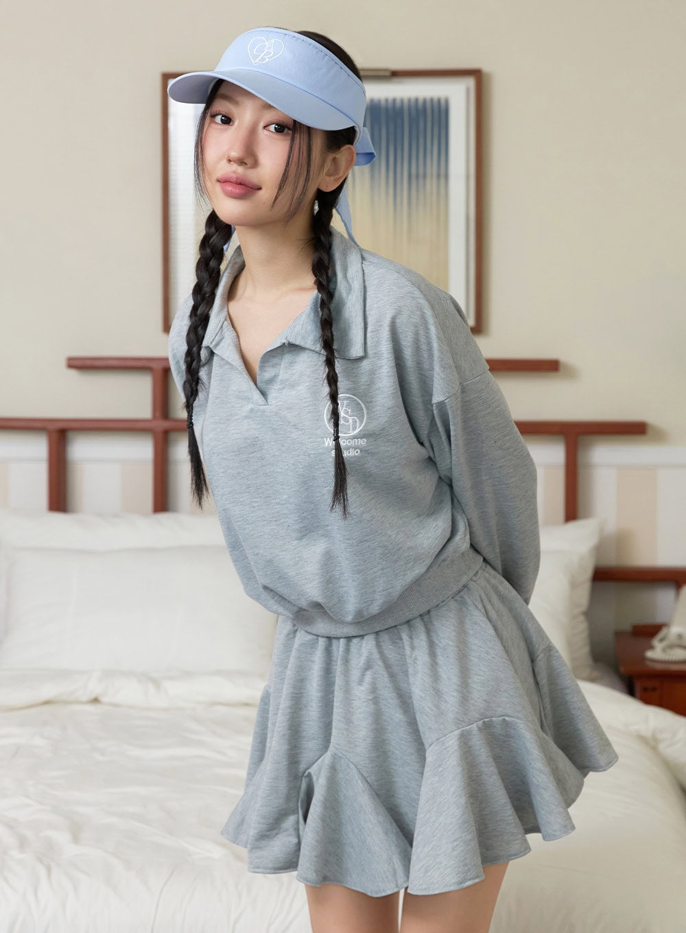 cotton-collar-sweatshirt-frill-mini-skirt-set-oy427 / Gray
