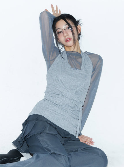 halter-neck-wrap-tank-top-cm503 / Gray