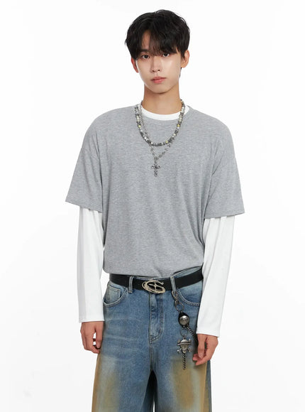 mens-layered-semi-crop-t-shirt-io516 / Gray