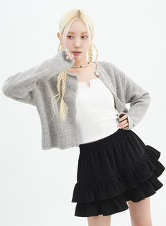 round-neck-ribbed-knit-cardigan-in328 / Gray