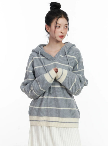 oversized-striped-knit-hoodie-cj520 / Gray