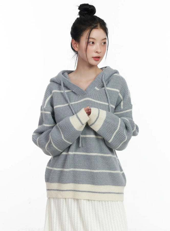 oversized-striped-knit-hoodie-cj520 / Gray