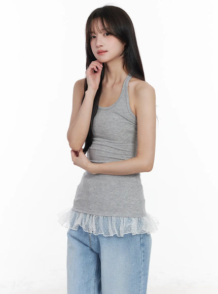 lace-trim-ribbed-halter-top-cm527 / Gray