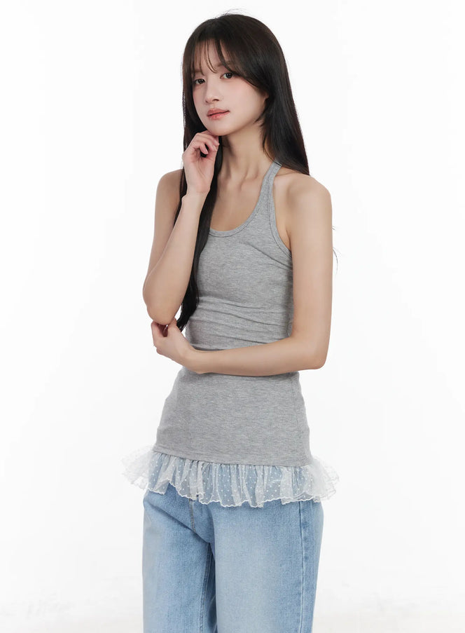 lace-trim-ribbed-halter-top-cm527 / Gray