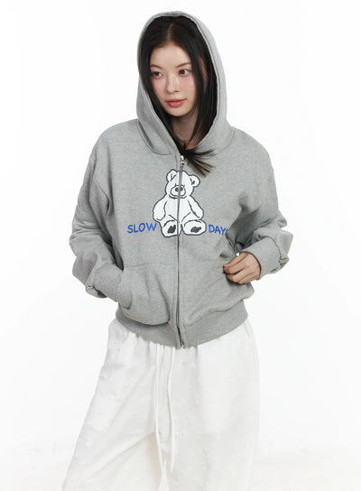 teddy-bear-graphic-two-way-zip-up-hoodie-if525 / Gray
