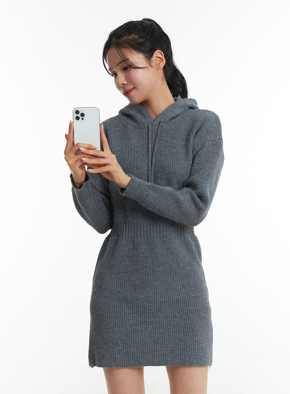 knit-hooded-mini-sweater-dress-on330 / Gray