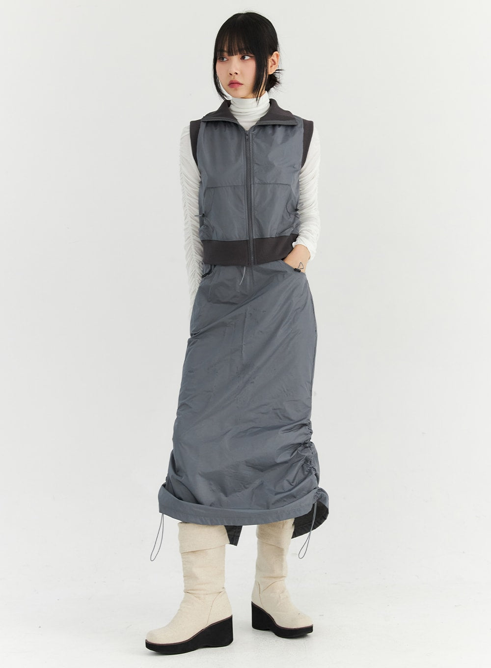 nylon-shirring-midi-skirt-cn307 / Gray