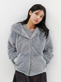faux-fur-fleece-hoodie-zip-up-jacket-oo312 / Gray