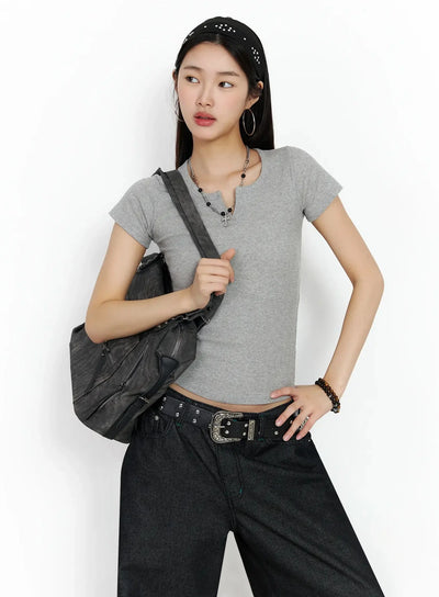 v-neck-ribbed-short-sleeve-tee-im530 / Gray