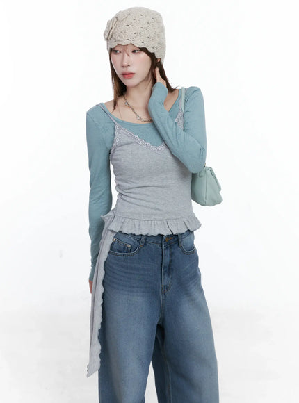 v-neck-frill-crop-cami-top-cs501 / Gray