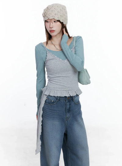 v-neck-frill-crop-cami-top-cs501 / Gray