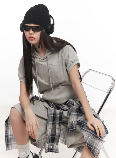 heart-patched-puff-short-sleeve-hoodie-cm528 / Gray