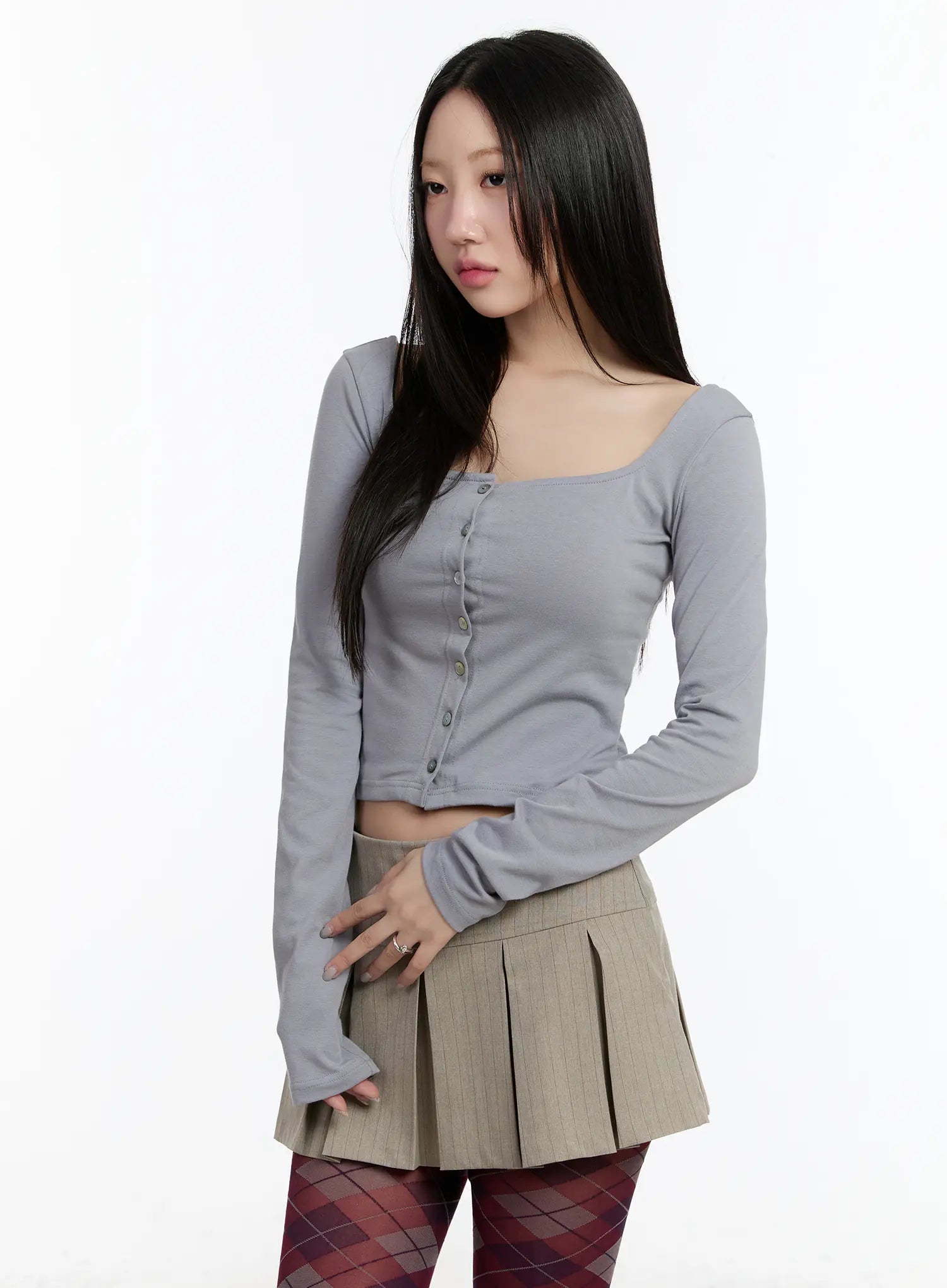 square-neck-button-up-crop-cardigan-cm511 / Gray