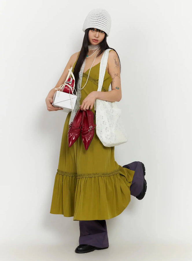 v-neck-frill-maxi-dress-ia523 / Green
