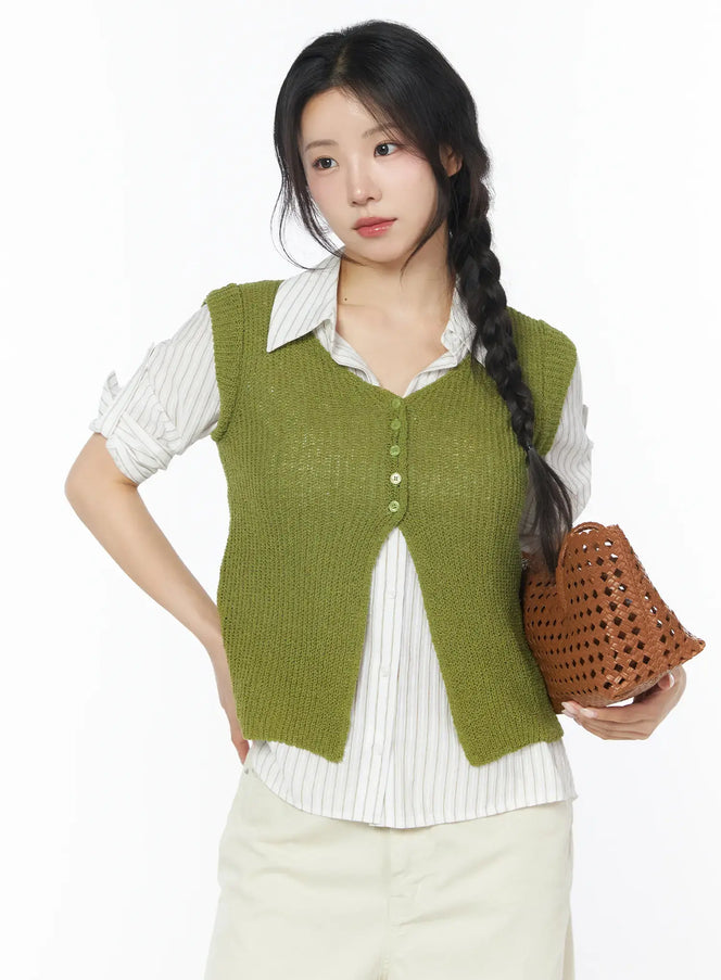 button-knit-sleeveless-cardigan-cy522 / Green