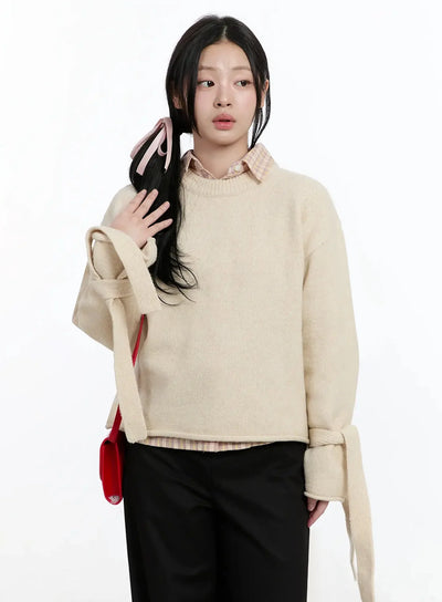 ribbon-sleeve-knit-sweater-im513 / Light beige