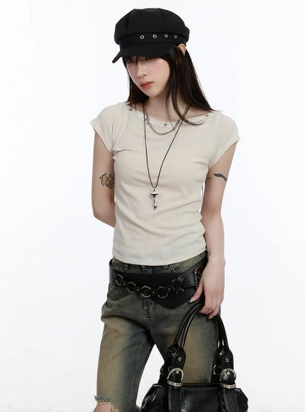 eyelet-short-sleeve-tee-ca503 / Light beige