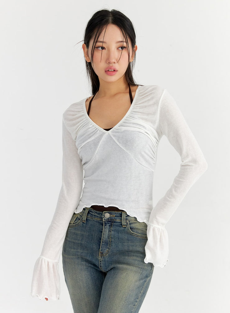 mesh-v-neck-shirred-crop-top-co327 / Light beige