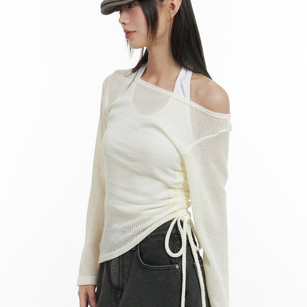 shirred-see-through-one-shoulder-top-cg426 / Light beige