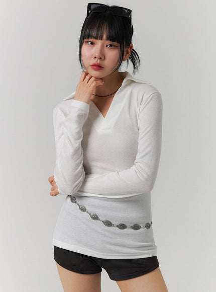 v-neck-collar-long-sleeve-tee-cj419 / Light beige