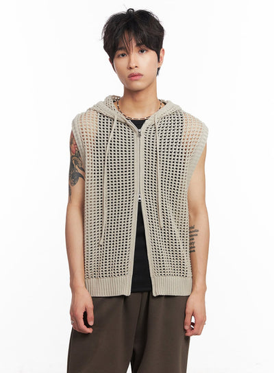 mens-mesh-zip-up-hooded-vest-iy508 / Light beige