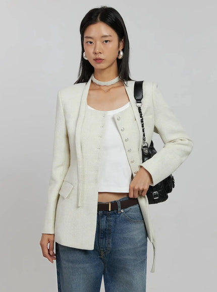 tweed-square-neck-jacket-scarf-set-ij508 / Light beige