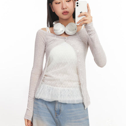 lace-buttoned-off-shoulder-cardigan-ia524 / Light beige