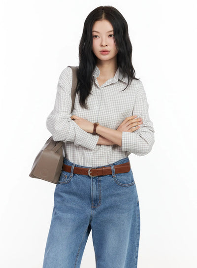 cotton-check-button-shirt-im524 / Light beige