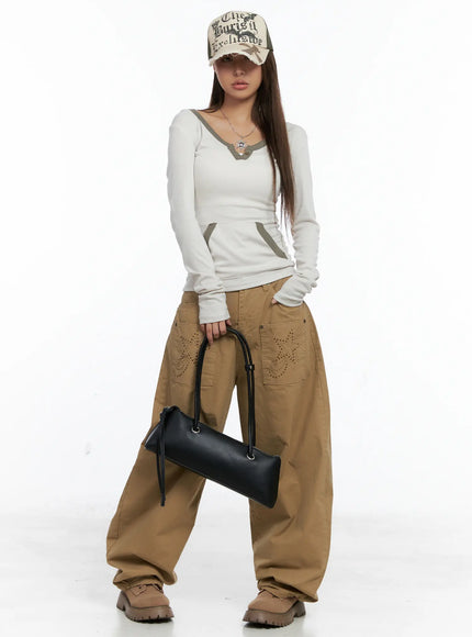 long-sleeve-contrast-trim-hoodie-cs504 / Light beige