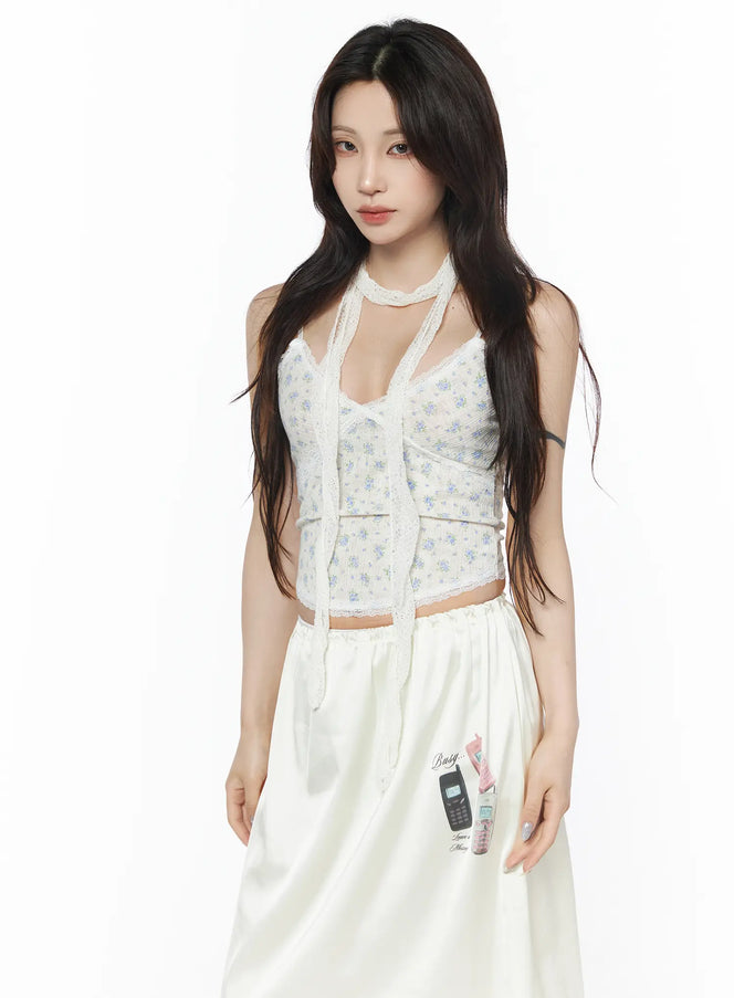 floral-lace-trim-v-neck-cami-tank-cu503 / Light beige