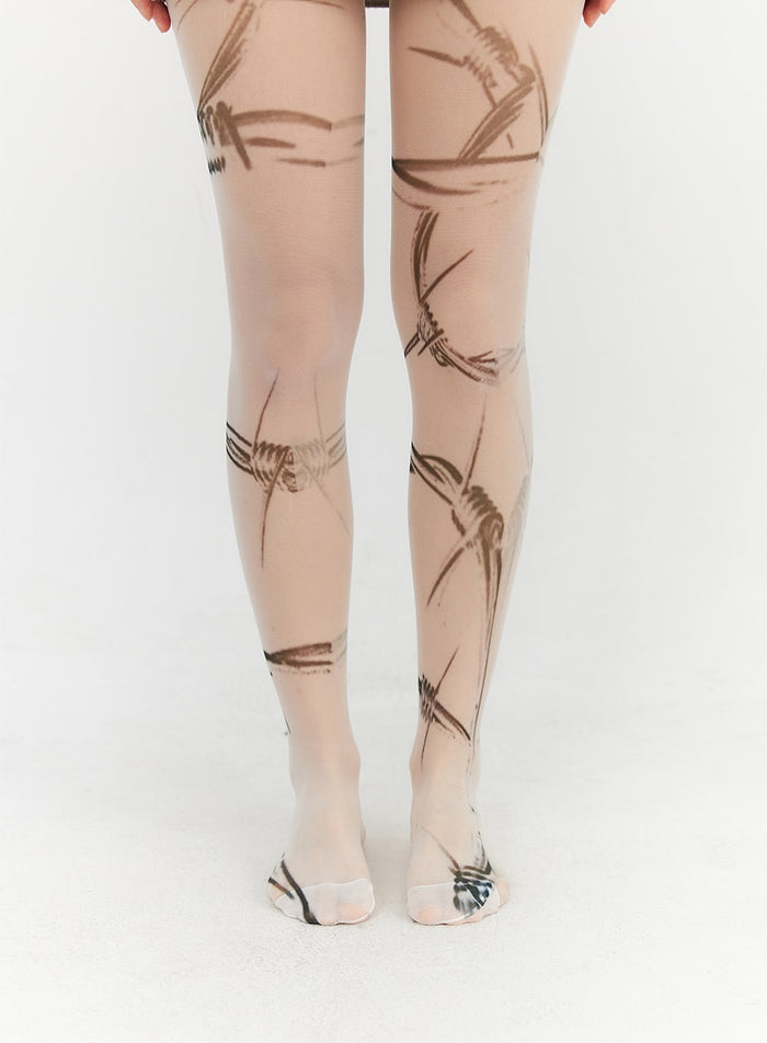 graphic-printed-tights-cn314 / Light beige