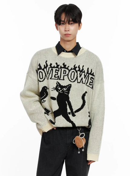 mens-oversized-graphic-knit-sweater-io516 / Light beige