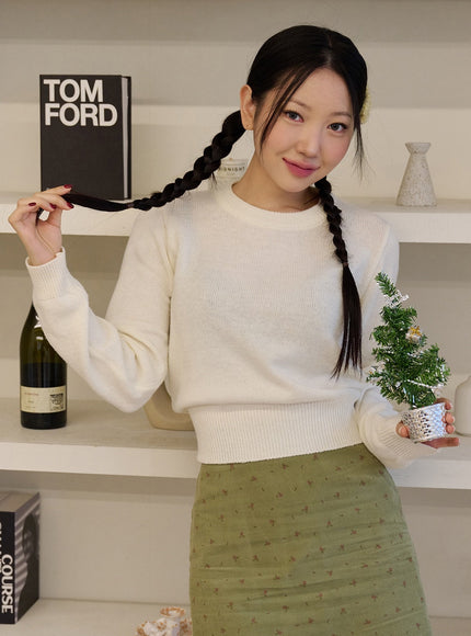 round-neck-crop-knit-sweater-od326 / Light beige