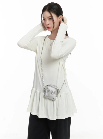 ruffle-hem-loose-long-sleeve-top-cj506 / Light beige