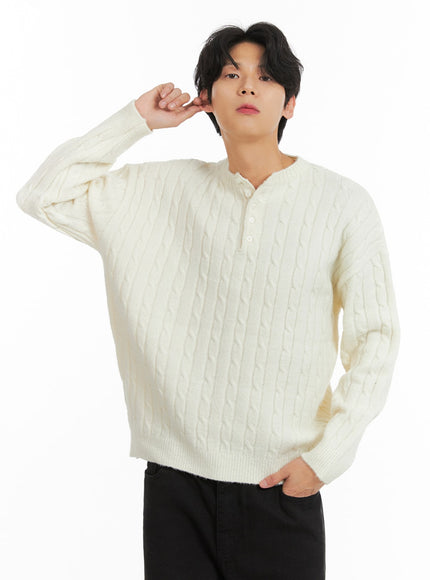 mens-cable-knit-buttoned-sweater-ia401 / Light beige