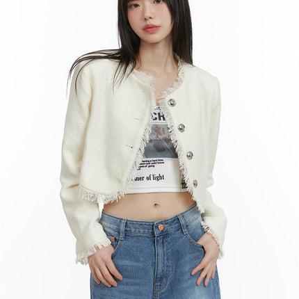 tassel-trim-tweed-jacket-cy414 / Light beige