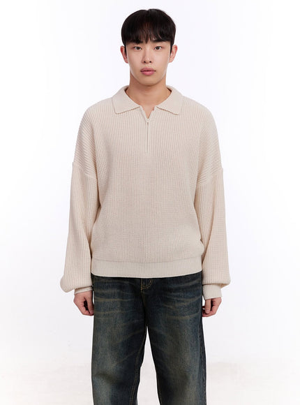 mens-ribbed-half-zip-sweater-im512 / Light beige