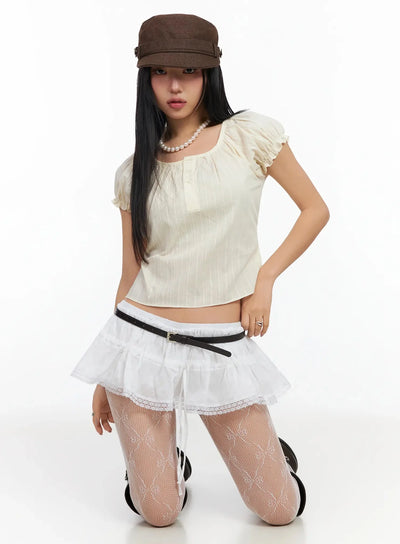 vintage-puff-sleeve-lace-trim-blouse-ia507 / Light beige