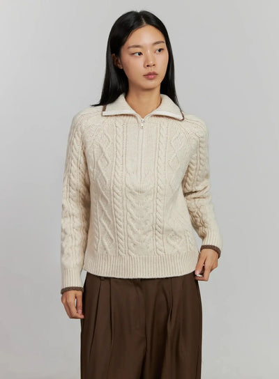 cable-knit-half-zip-sweater-ij505 / Light beige