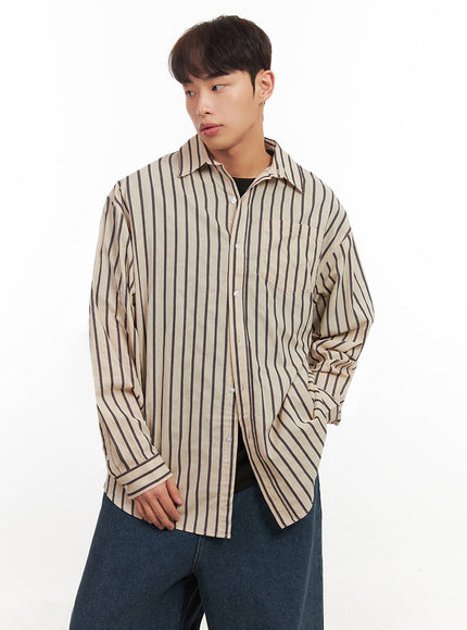 Men's Oversized Stripe Collared Button-Up Shirt IF521