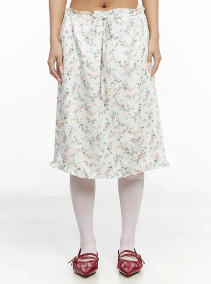 Floral Satin Ruffle Hem Midi Skirt IA527