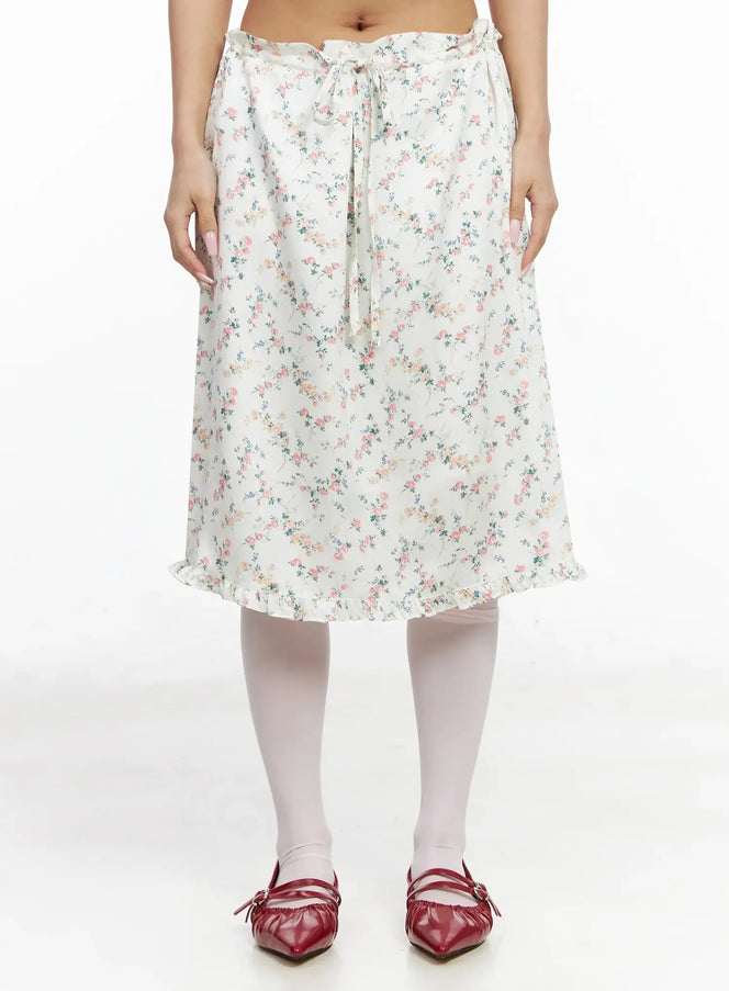 Floral Satin Ruffle Hem Midi Skirt IA527