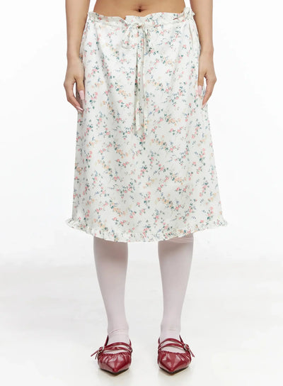 Floral Satin Ruffle Hem Midi Skirt IA527