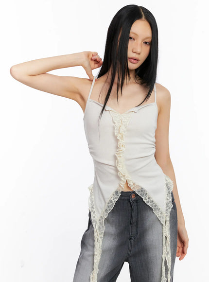 lace-trim-ruffle-tank-top-cl529 / Light beige