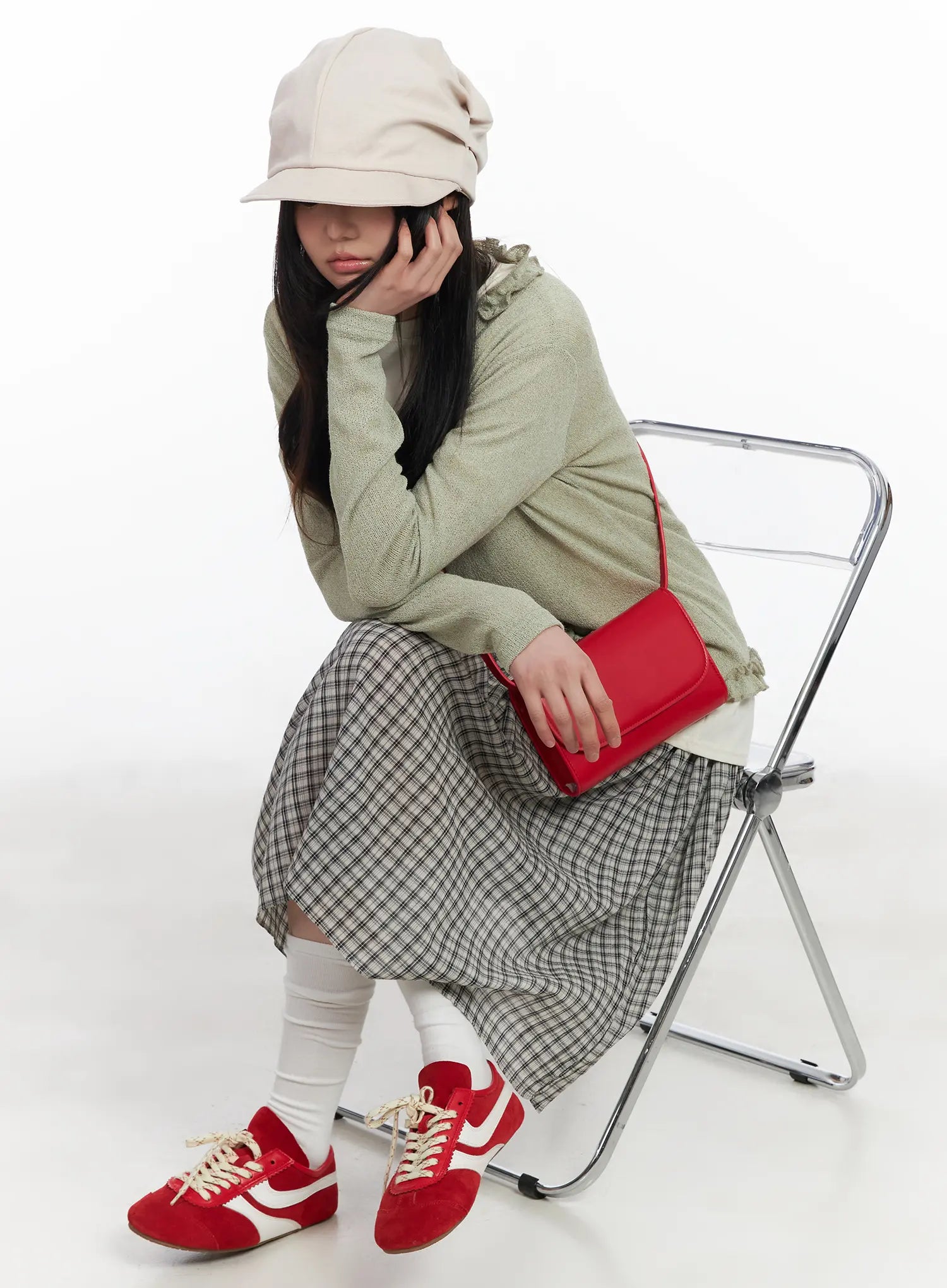 vintage-plaid-midi-skirt-cm513 / Light beige