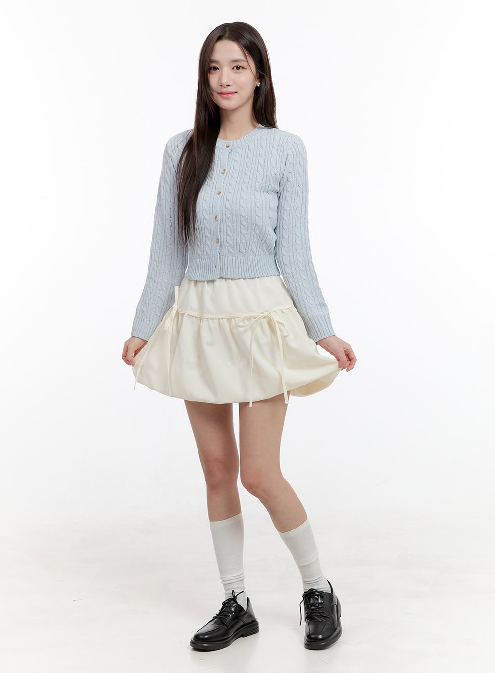 ribbon-banded-bubble-mini-skirt-og429 / Light beige