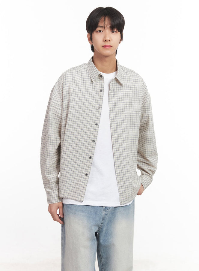 mens-loose-fit-checkered-collared-shirt-ia510 / Light beige
